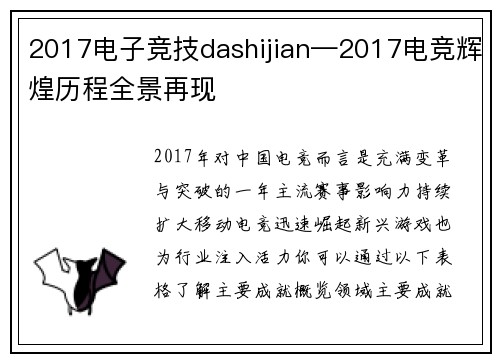 2017电子竞技dashijian—2017电竞辉煌历程全景再现